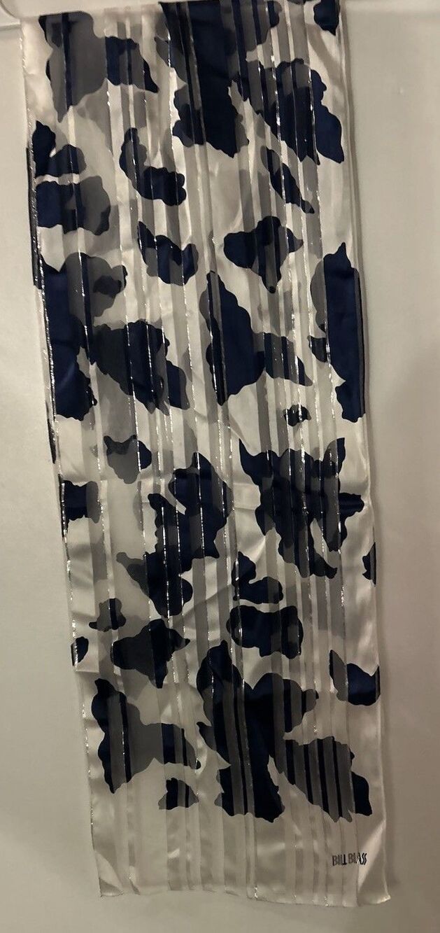 Vintage Bill Blass 80s High Contrast Print Scarf 11”x55” Navy Silver Vertical - Picture 7 of 7